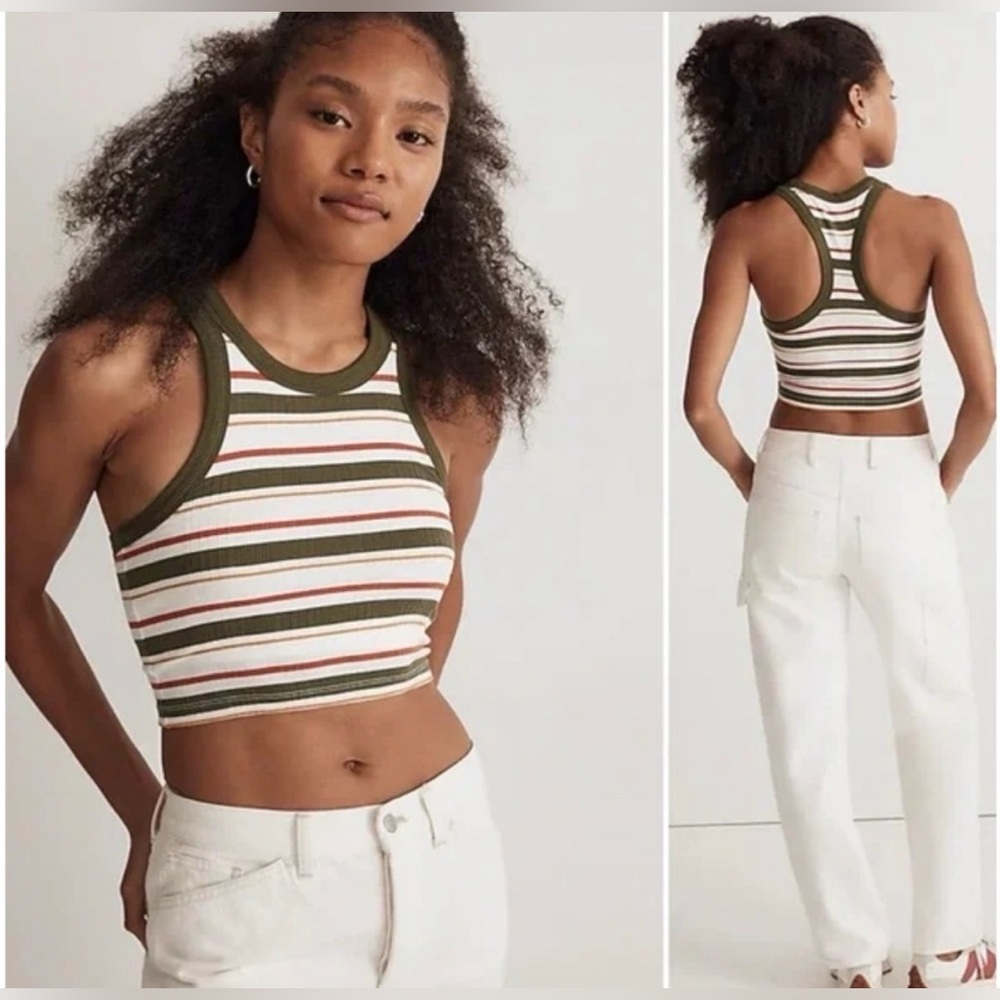Madewell Olive Green, White & Red Striped Ribbed Tank Top